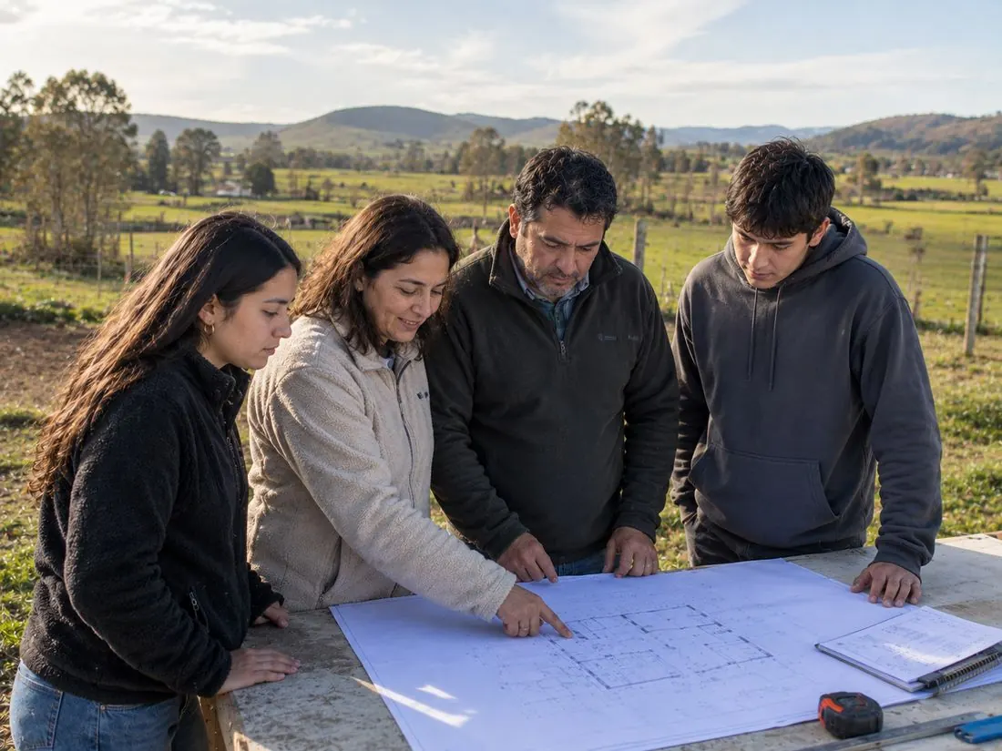 Familia planificando la construcción de su casa sobre un plano arquitectónico en un terreno de la zona rural de Curicó, Región del Maule