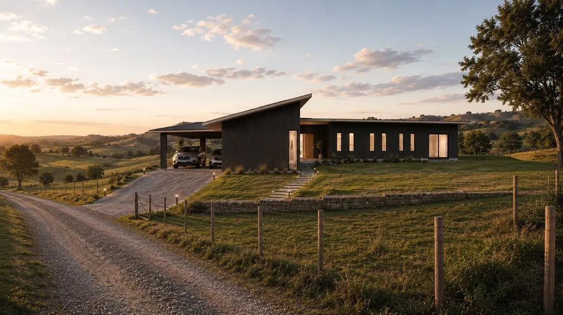 Render de vivienda moderna diseñada por Dore Arquitectura para el sector Vista Hermosa, Curicó, Región del Maule